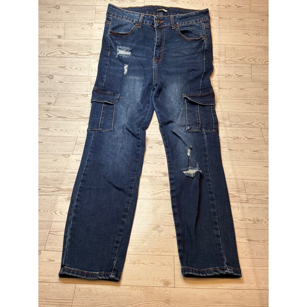 Fashion Nova Cargo Jeans Women 11 Dark Blue Distressed Streetwear Y2K 90229